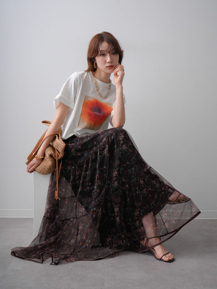 [SET]ニュアンスフローラルフォトTEE+フラワーチュールギャザースカート(2set)