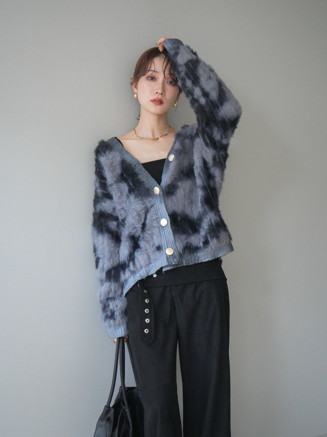 [予約]ニュアンス柄シャギーニットカーディガン/gray