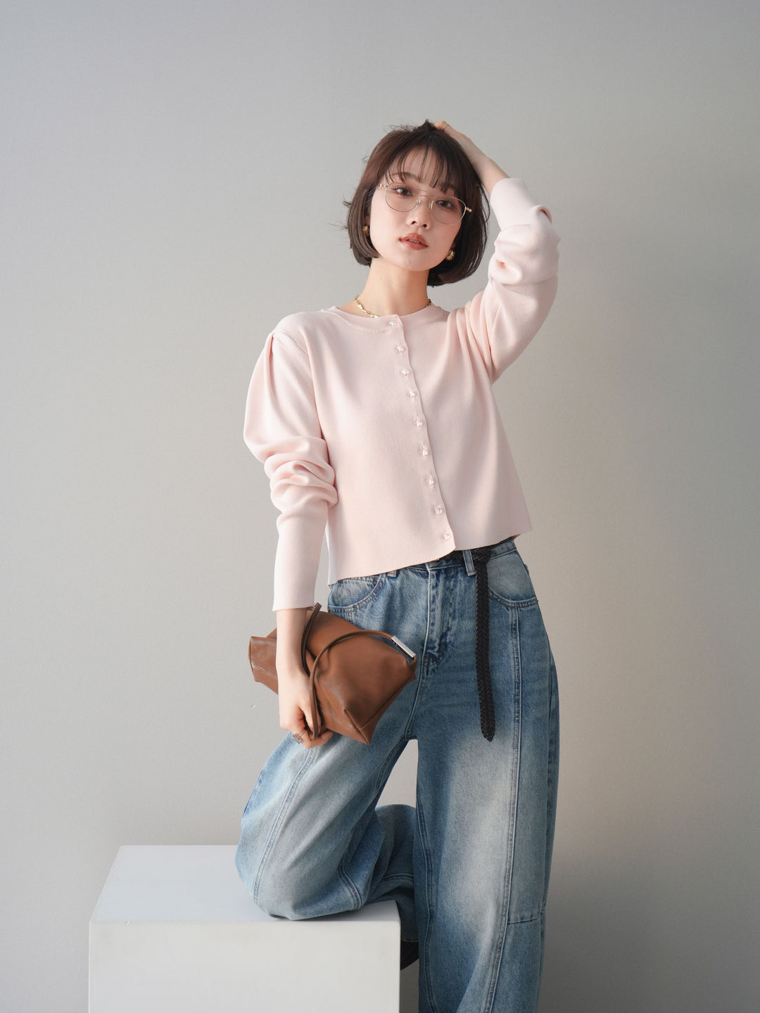 [予約]クリアボタンタックニットカーディガン/pink