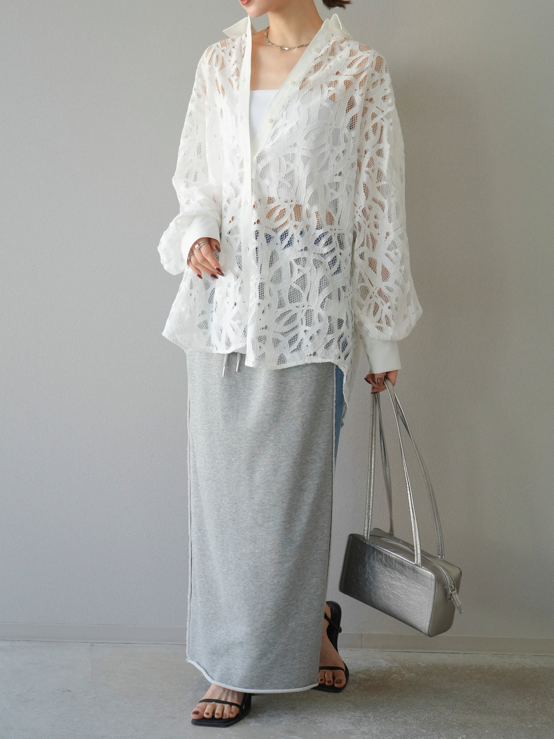 [SET]コードレースオーバーシャツ+デニムドッキングスウェットスカート(2set)