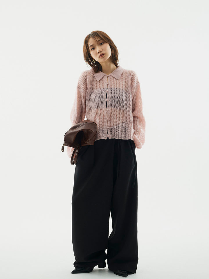 【Allure】[SET]起毛片畦編みシアーポロニット+ラップデザインタックワイドパンツ(2set)