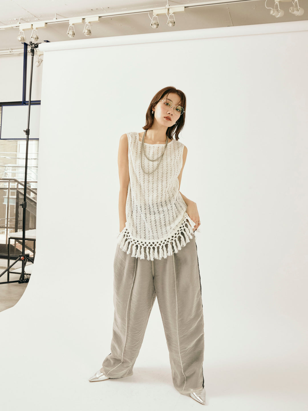 [予約]オーガンジーレイヤードサイドラインパンツ/グレージュ