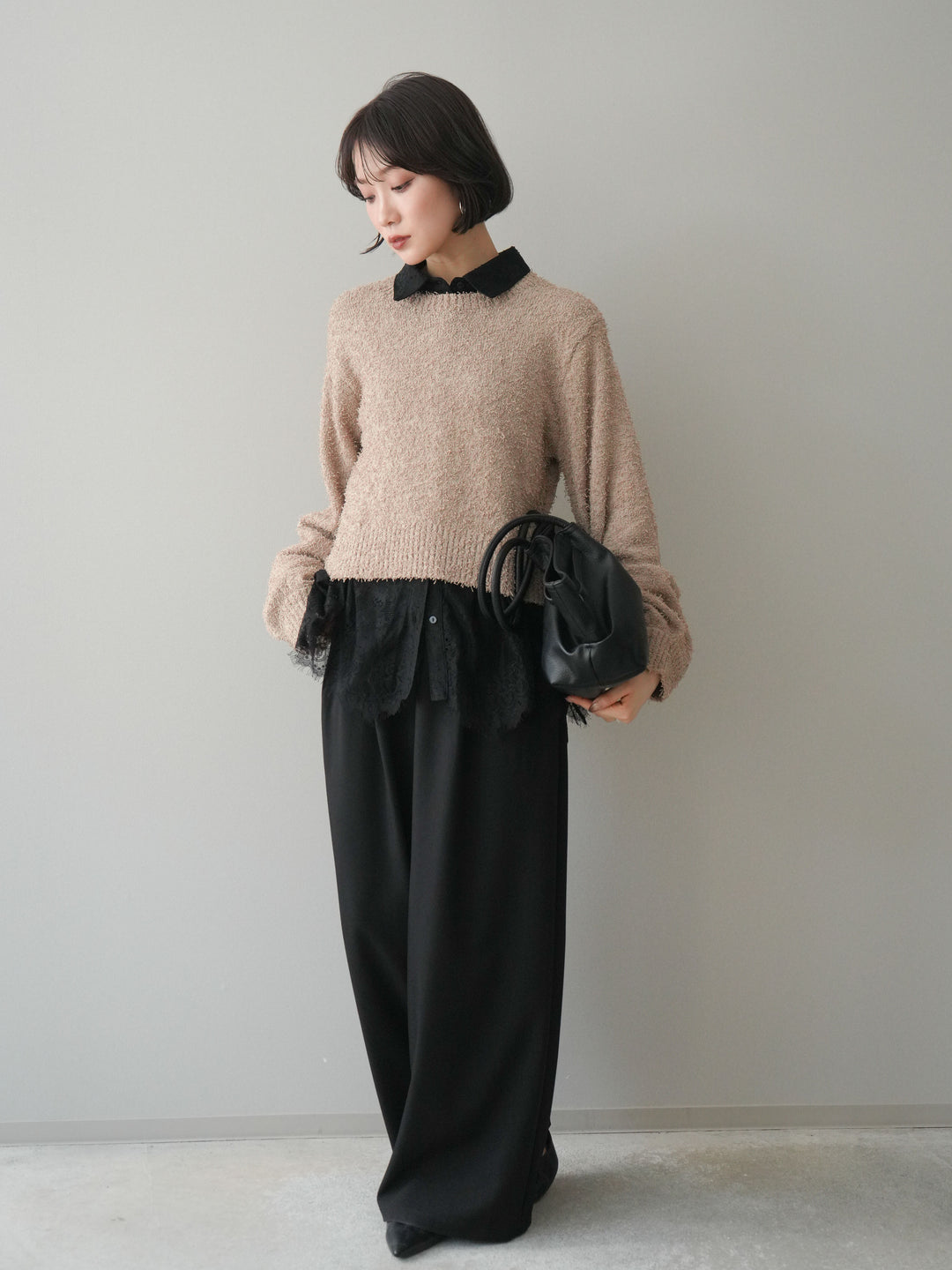 [予約]ウエストレースタックワイドパンツ/black