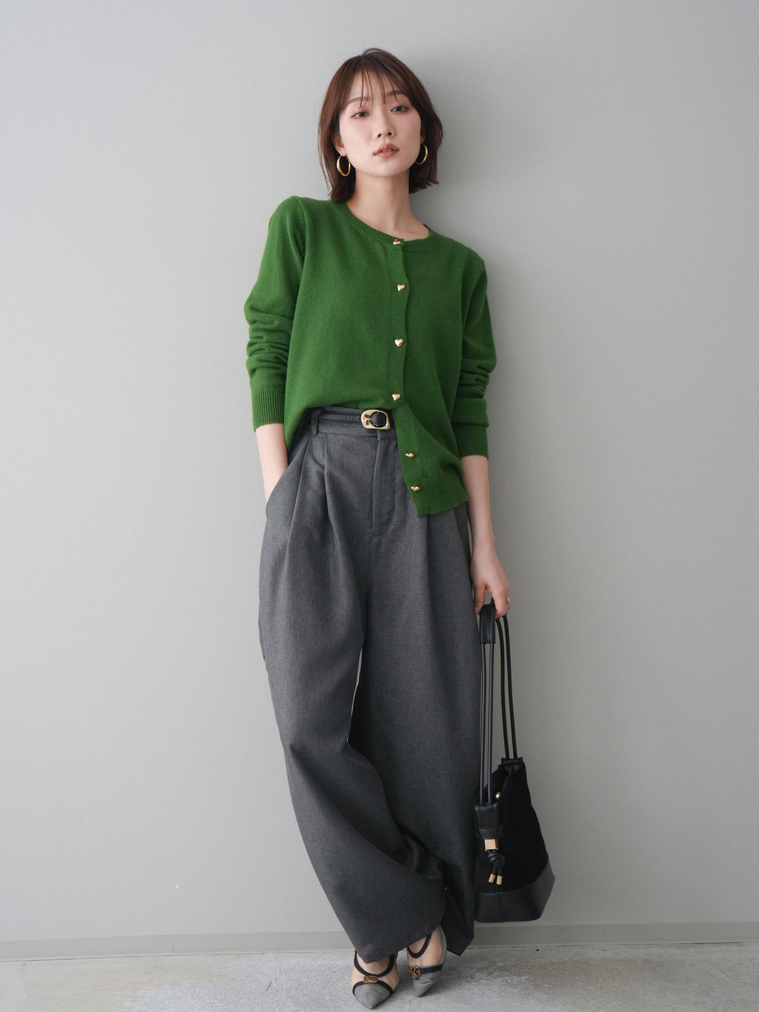 [予約]リネンライクタックワイドパンツ/charcoal