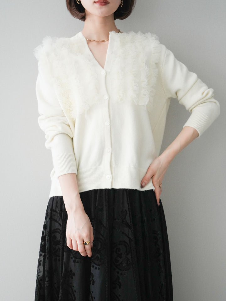 [SET]チュールフリルニットカーディガン+アンティーク柄フロッキーマキシスカート(2set)