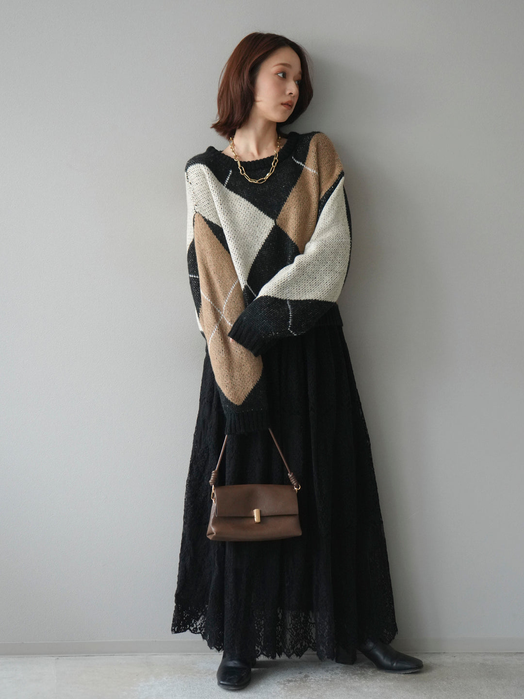 [SET]配色ステッチアーガイル柄ニットプルオーバー+ヴィンテージライクメッシュレーススカート(2set)