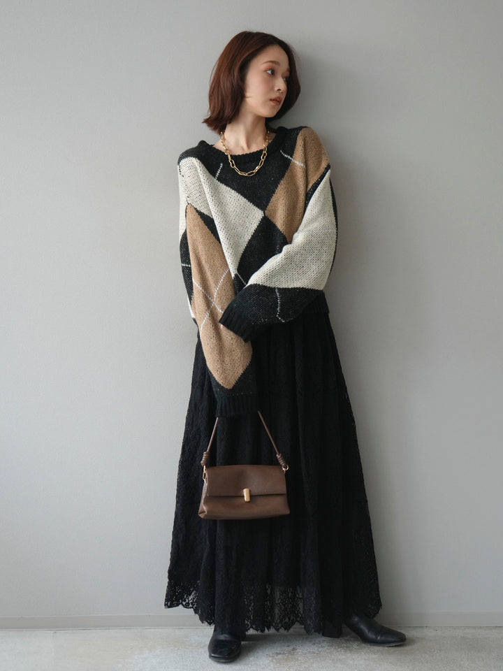 [SET]配色ステッチアーガイル柄ニットプルオーバー+ヴィンテージライクメッシュレーススカート(2set)