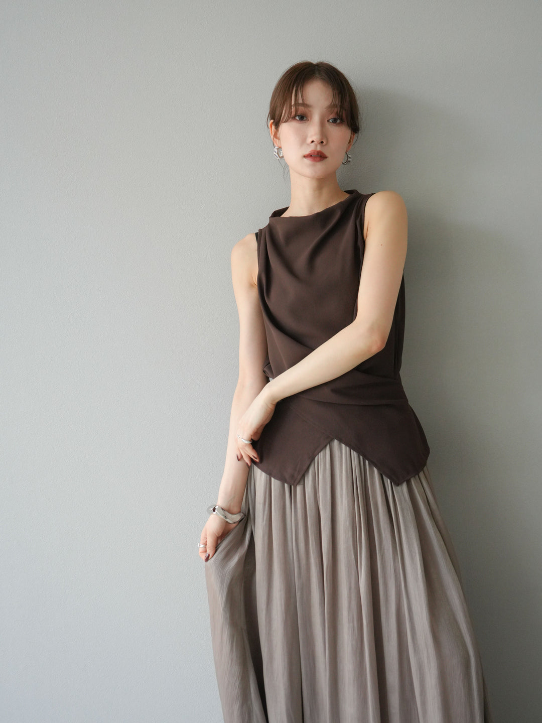 [SET]ノースリーブトップス＆シャイニーフレアスカートSET UP/(2set)