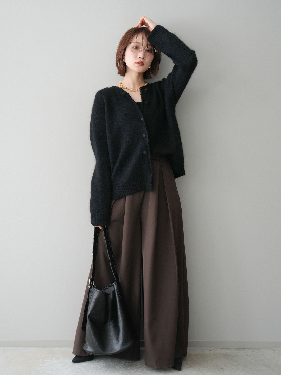 [SET]くるみボタンニットカーディガン+テープベルトタックバギーパンツ(2set)