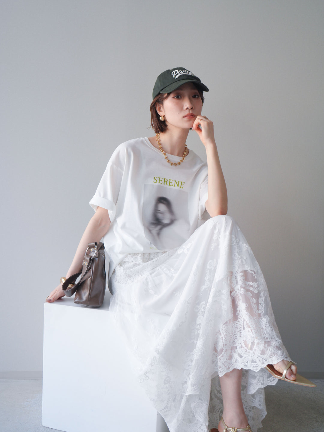 [SET]ブラーアートフォトTシャツ+シアーレースマキシスカート(2set)