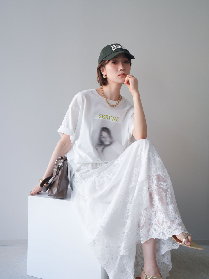 [SET]ブラーアートフォトTシャツ+シアーレースマキシスカート(2set)