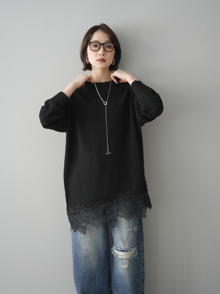 [SET]アシンメトリーレースヘムニットプルオーバー+選べるアクセセット(2set)