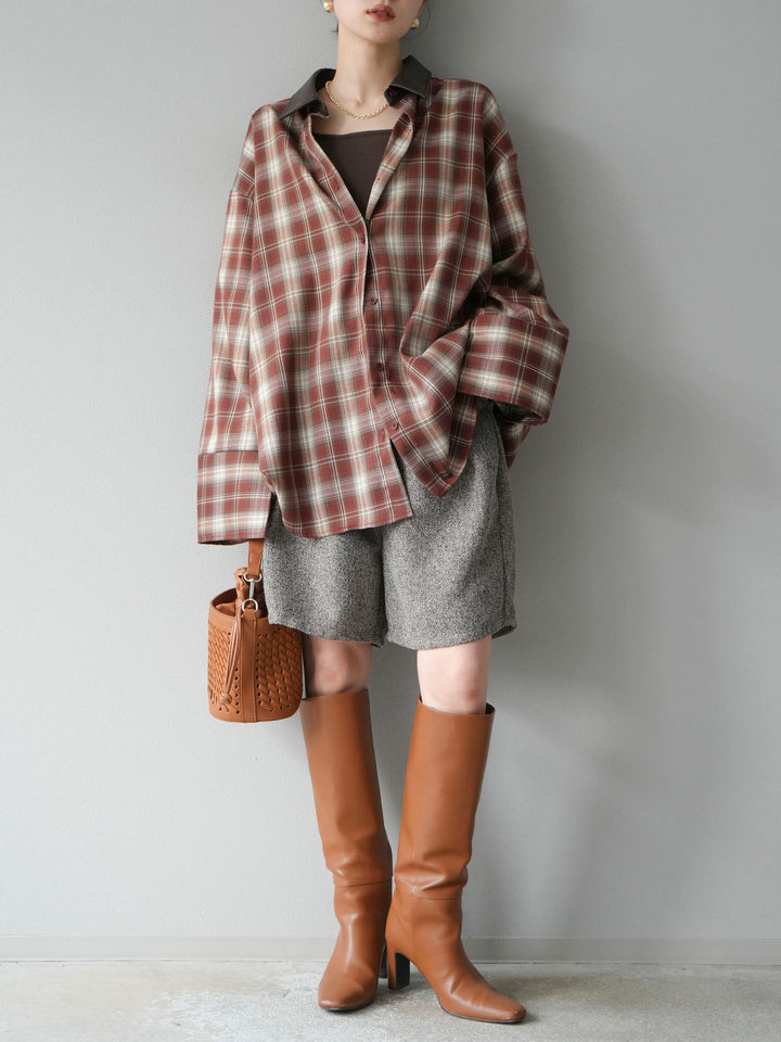 [予約]レザー襟オンブレチェックオーバーシャツ /レッド
