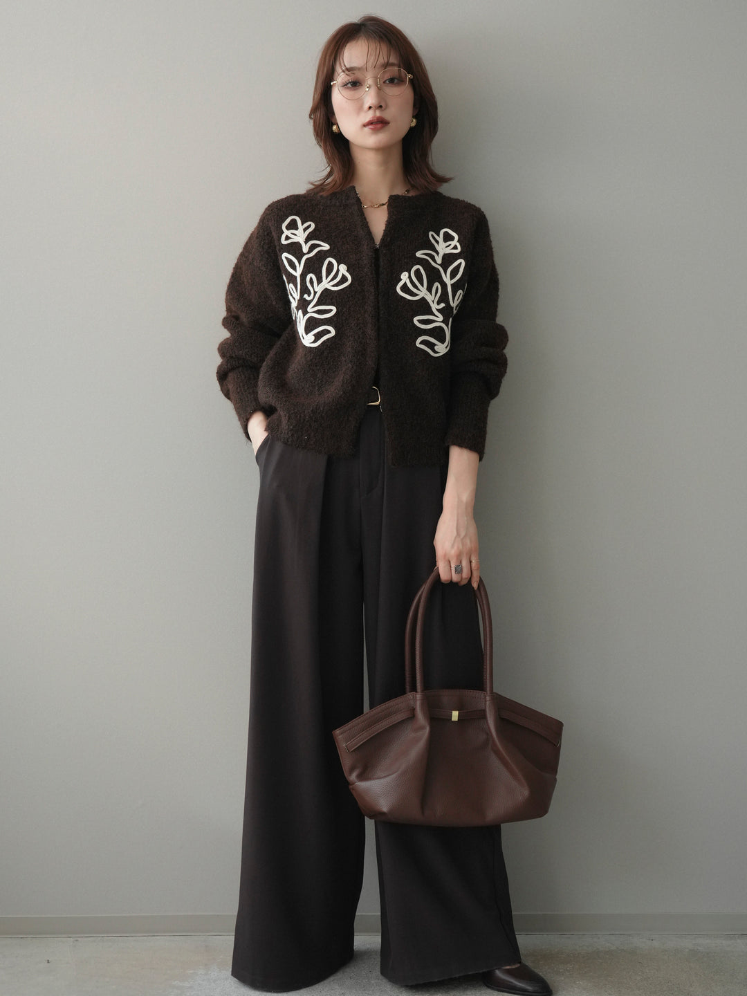 [SET]テープ刺繍ホック開きブークレニットカーディガン+ベルトループデザインワイドパンツ(2set)