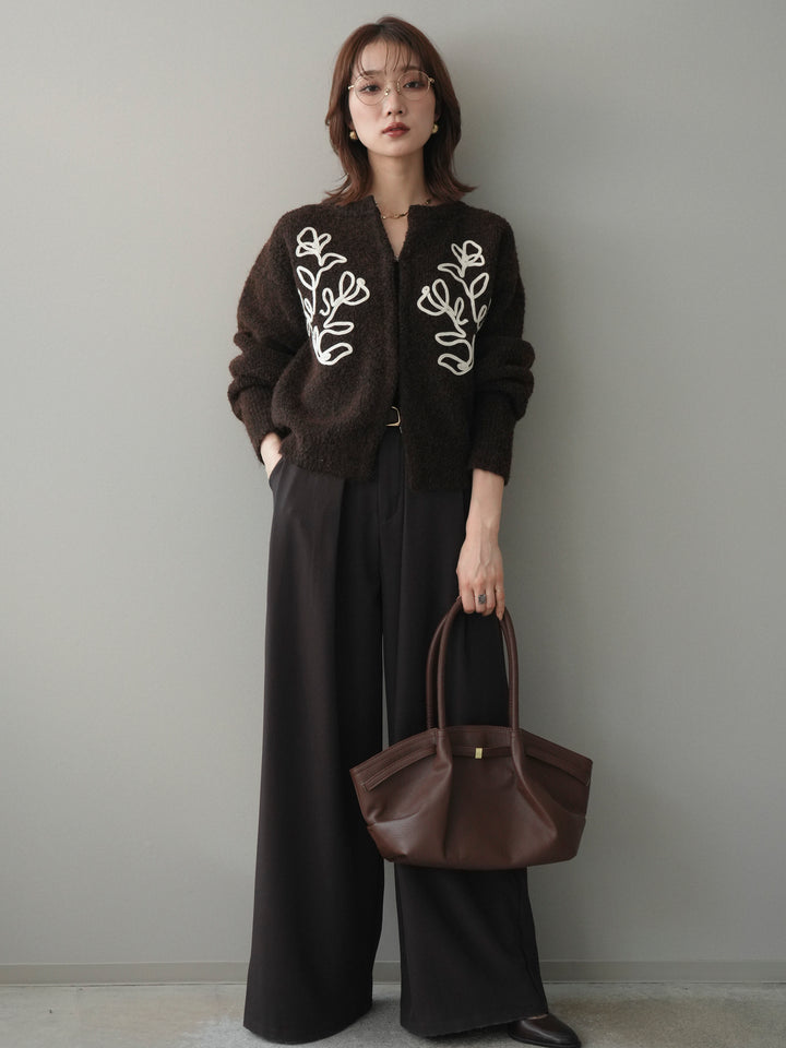 [SET]テープ刺繍ホック開きブークレニットカーディガン+ベルトループデザインワイドパンツ(2set)