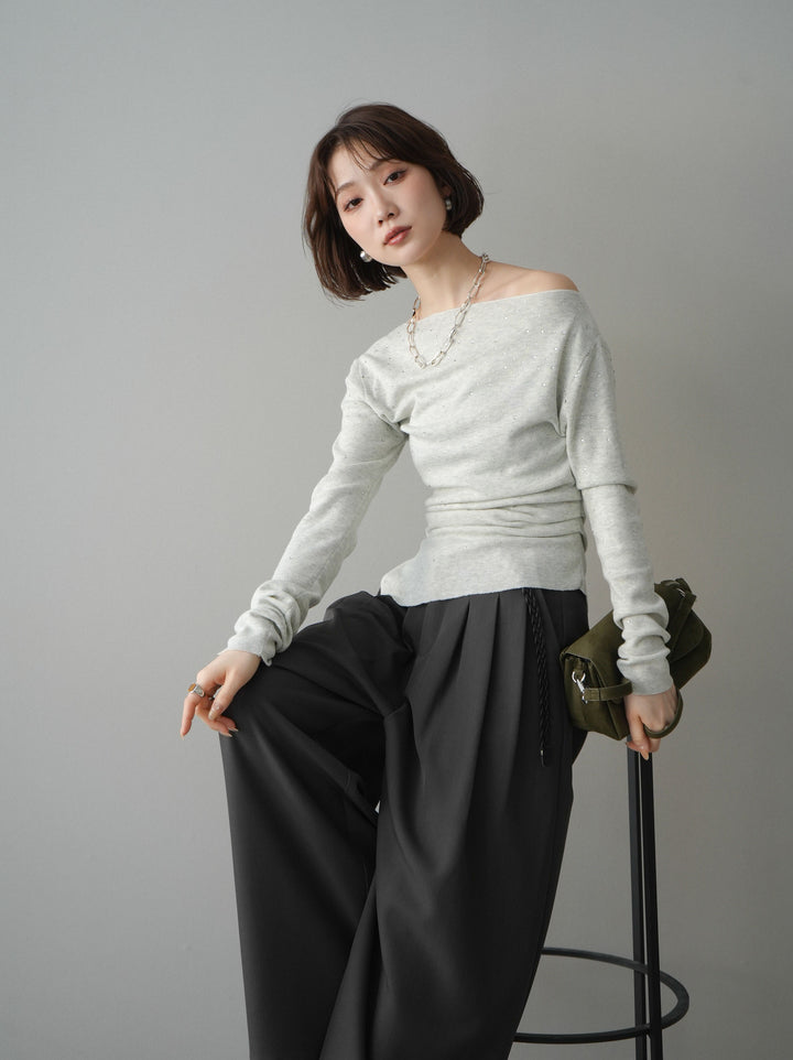 [予約]ラインストーンアシンメトリーニットトップス/gray