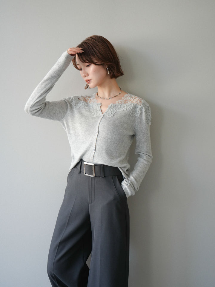 【套裝】肩部蕾絲針織開襟衫+銀色搭扣垂褶闊腿褲（兩件套）