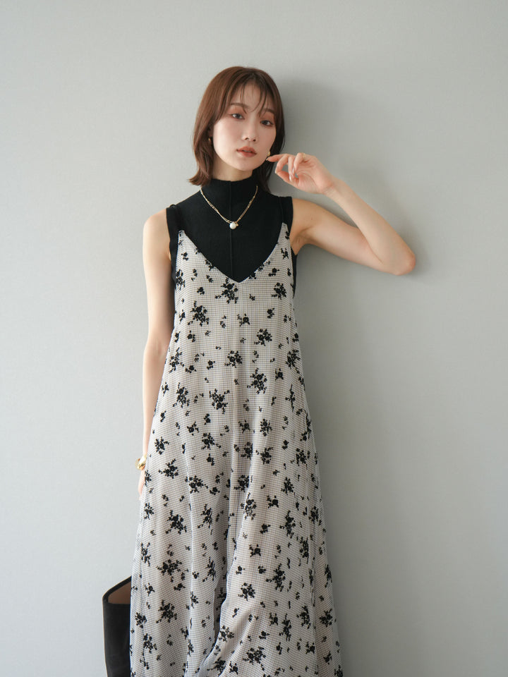 [SET]フロッキーチュールレイヤードベロアキャミワンピース+プチネックセンターシームノースリーニットトップス(2set)