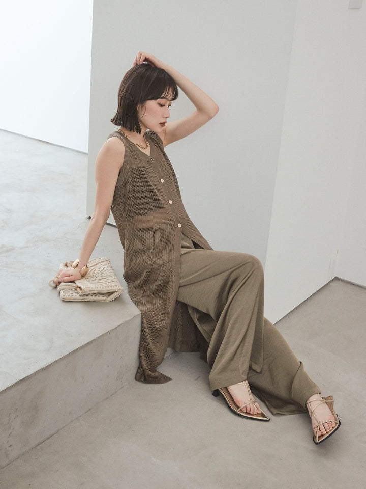 [SET]アソートボタンニットロングジレ+サテンイージーパンツ(2set)