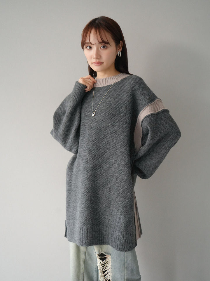 【預訂】側開衩拼色針織套頭衫/炭灰