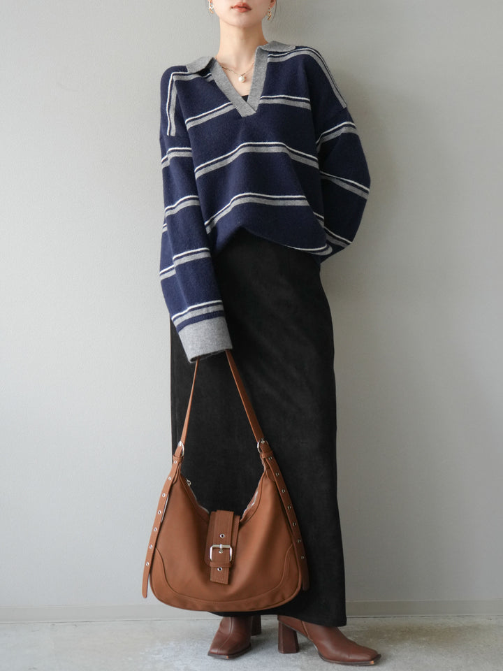 [SET]ポロ襟スキッパーボーダーニットプルオーバー+スウェードIラインスカート(2set)