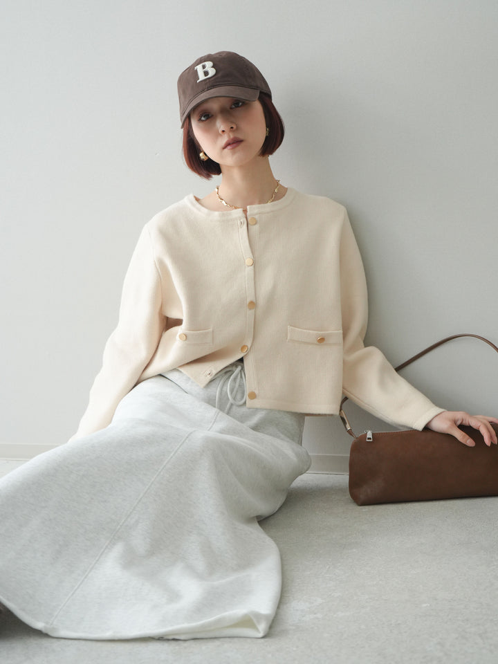 [SET]ゴールドボタンノーカラーニットジャケット+スウェットフレアロングスカート(2set)