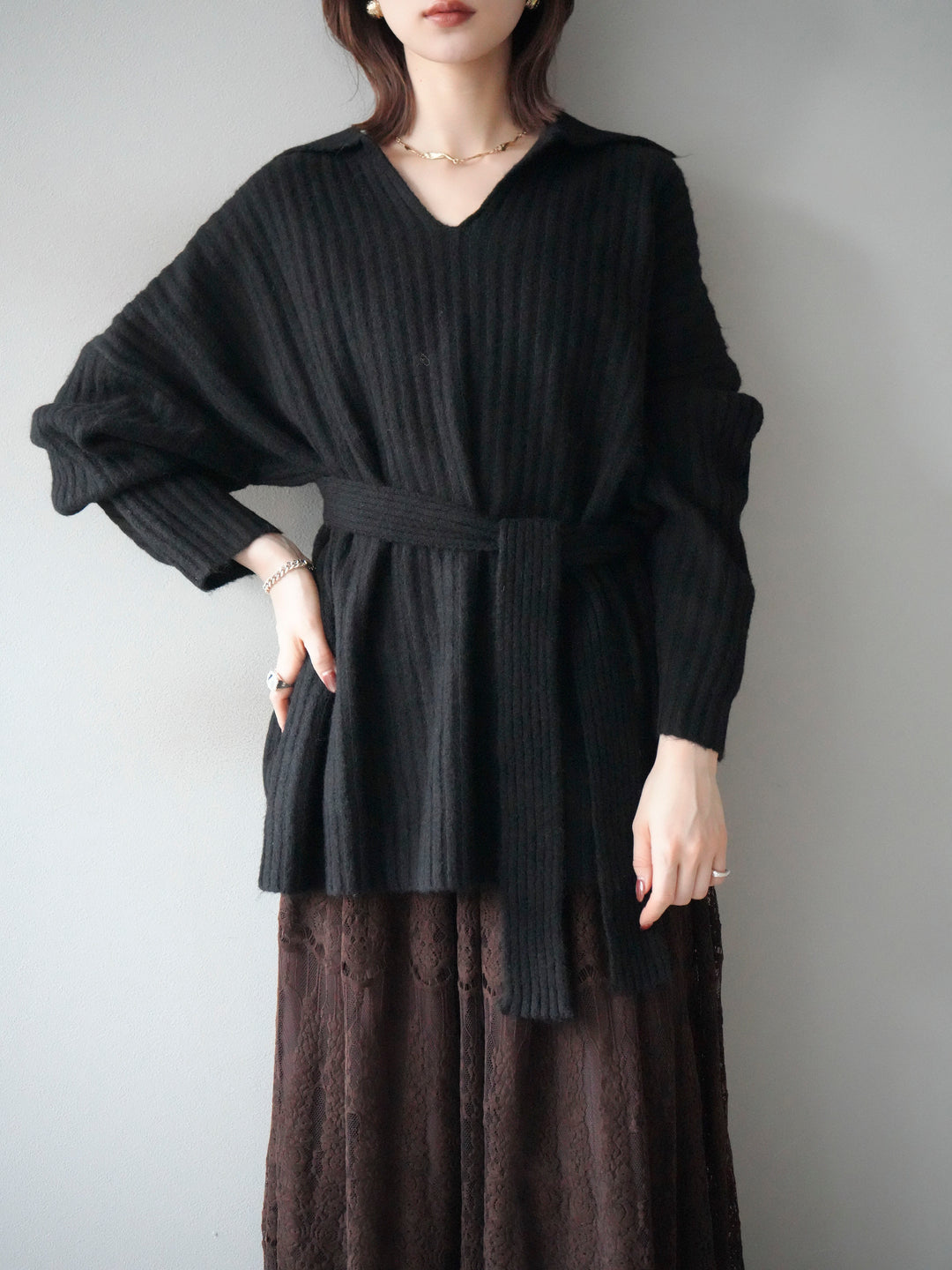 [予約]ワイドリブポロニットプルオーバー/black