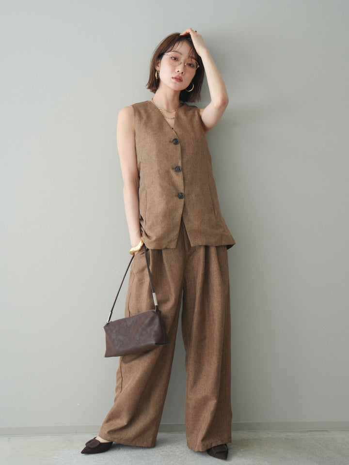 [予約]リネンライクタックワイドパンツ/brown