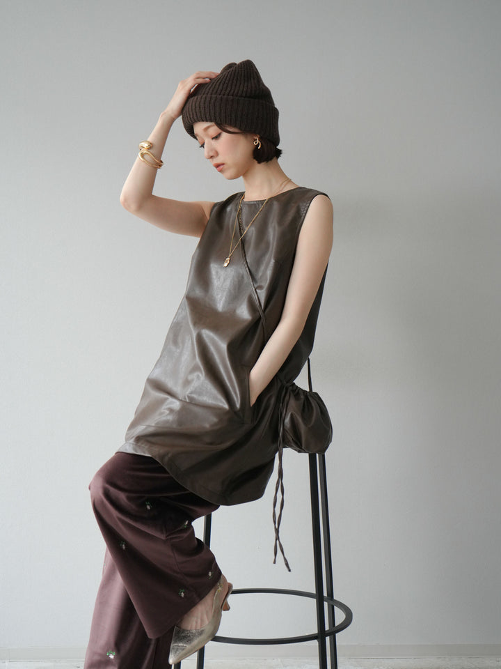 [予約]ショルダーポーチ付レザーミニワンピース/ブラウン