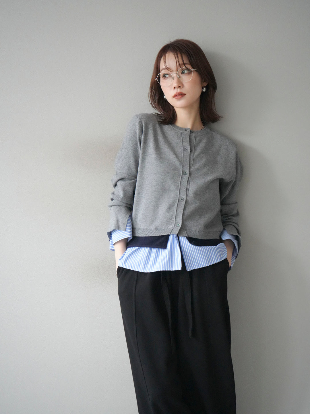 [予約]シャツ襟レイヤードニットカーディガン/gray