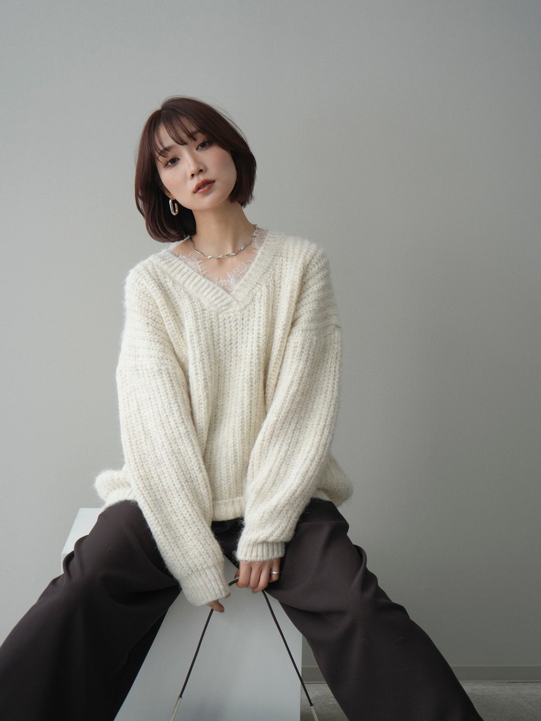 [SET]Vネックレースニットプルオーバー+Vネックレースニットプルオーバー(2set)