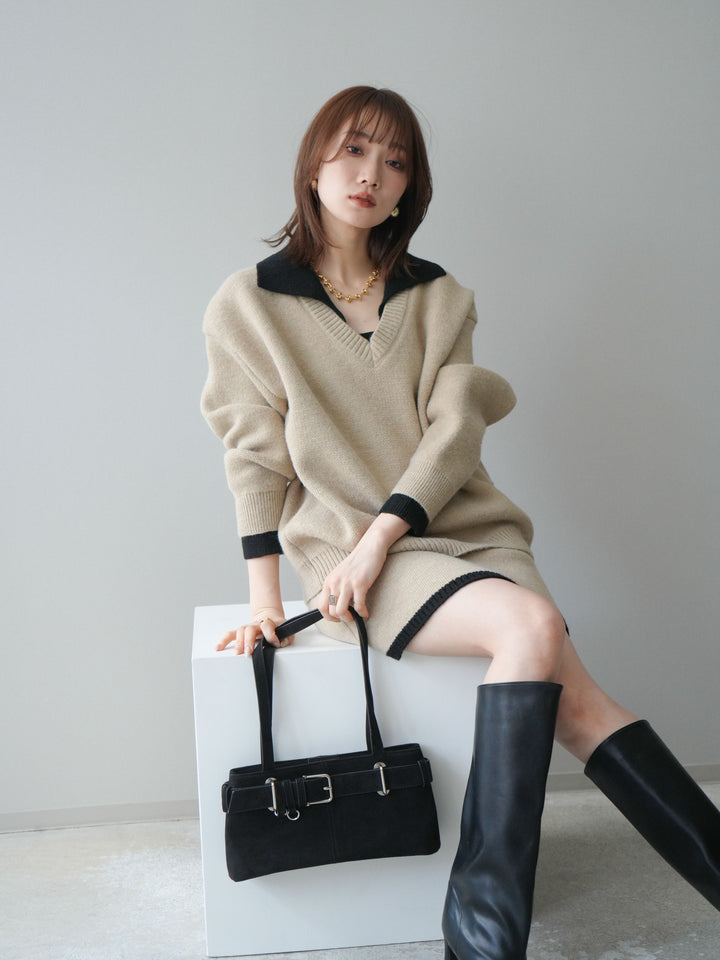 [SET]配色襟ニット＆ミニスカートSET UP+配色襟ニット＆ミニスカートSET UP(2set)