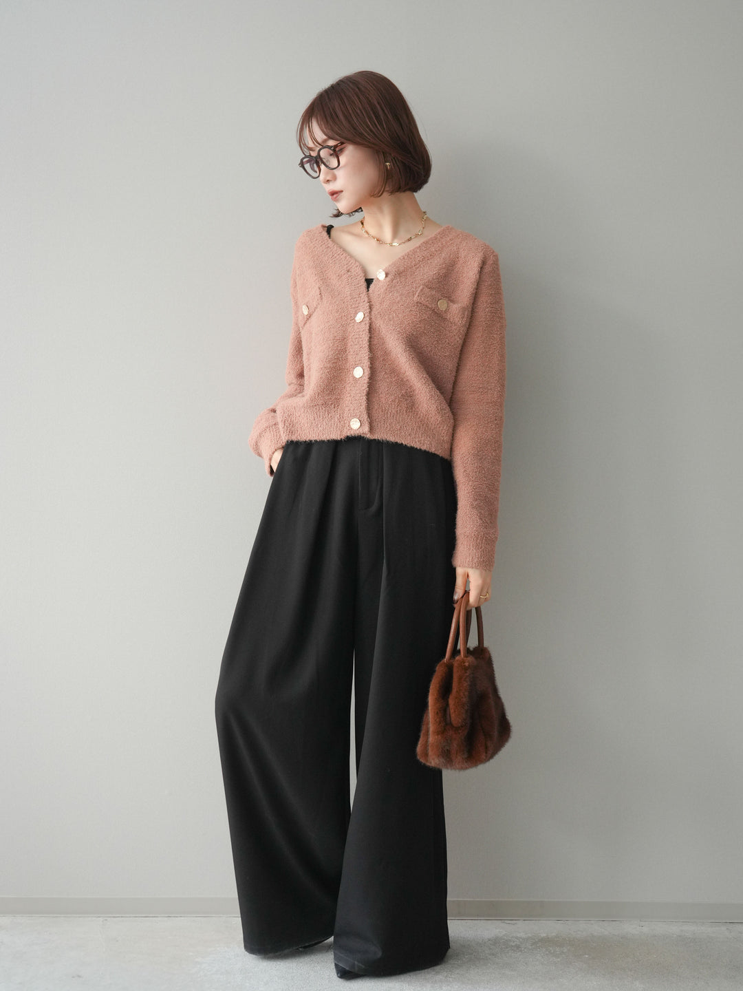 [SET]ゴールドボタンモールニットカーディガン+ベルトループデザインワイドパンツ(2set)