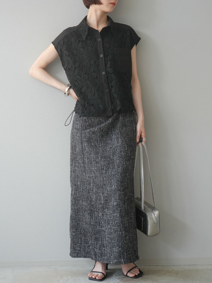 【預購】蕾絲分層抽繩襯衫/黑色