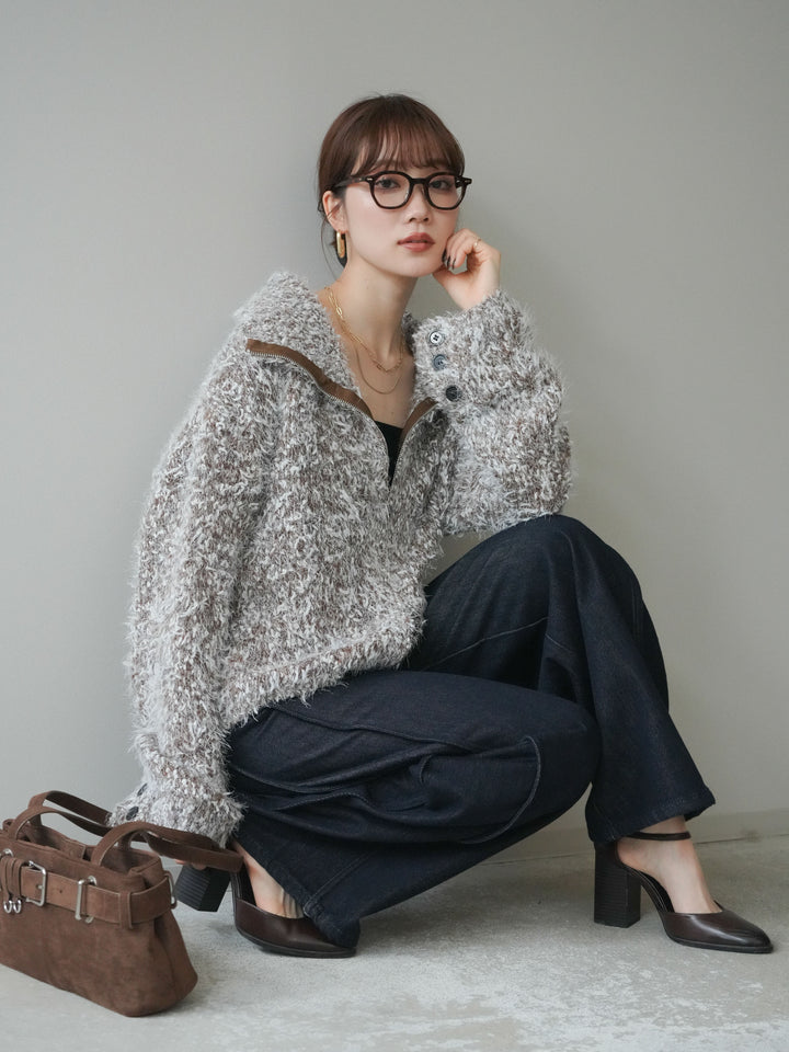 [予約]ミックスシャギージップニットカーディガン/brown