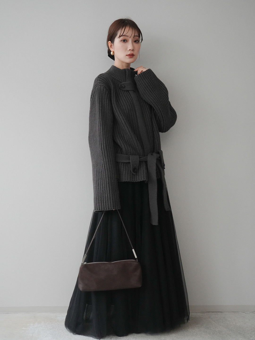 [SET]畦編みボトルネックZIPニットカーディガン+チュールボリュームスカート(2set)