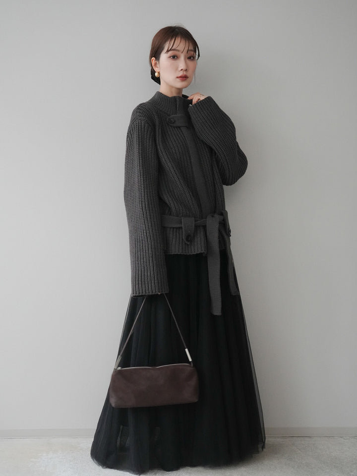 [SET]畦編みボトルネックZIPニットカーディガン+チュールボリュームスカート(2set)