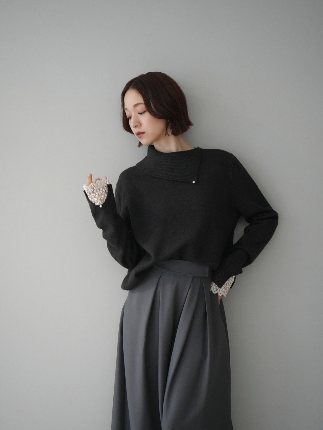 [SET]袖レースパール付き配色ニットトップス+テープベルトタックバギーパンツ(2set)