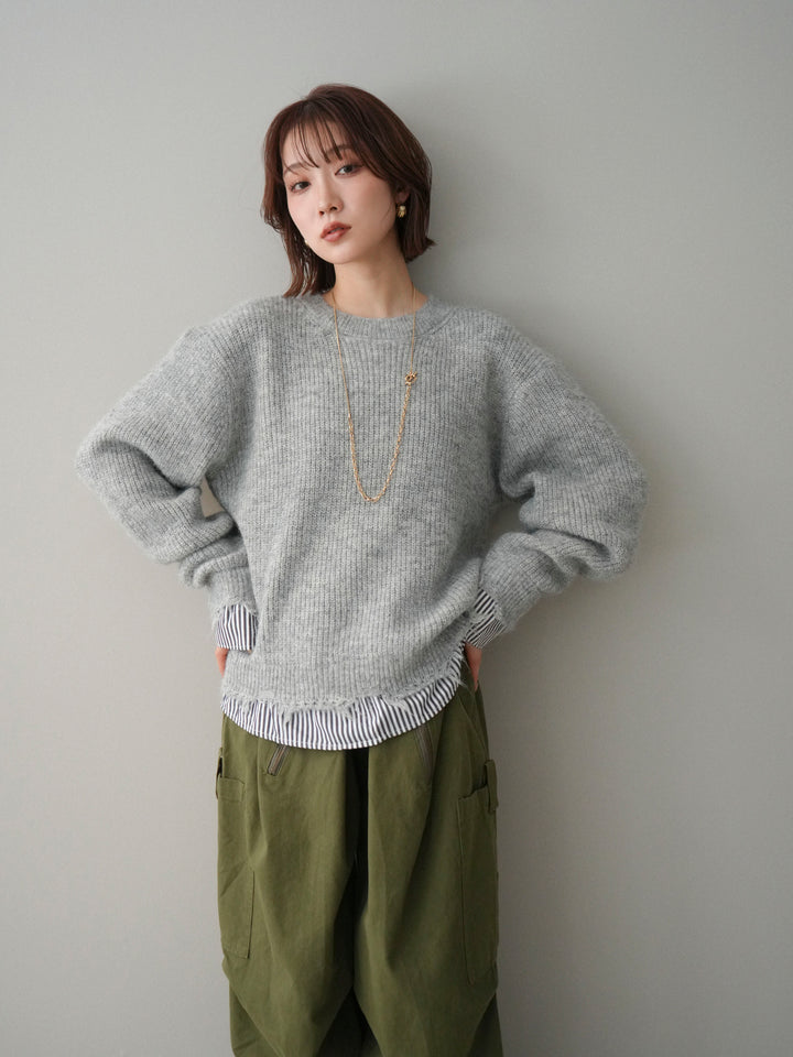 [SET]裾シャツレイヤードダメージニットプルオーバー+コットンタックループパンツ(2set)