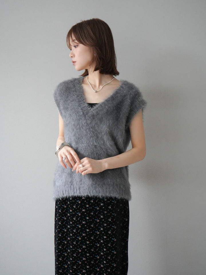 [予約]ラメシャギーVネックニットベスト/グレー