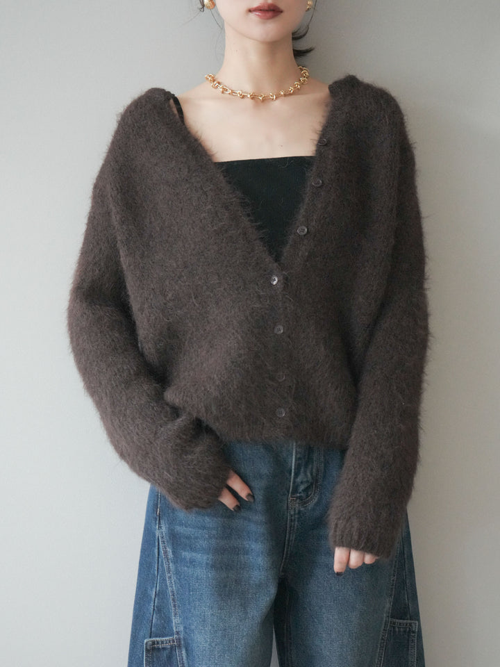 [予約]キーネックシャギーニットカーディガン/brown