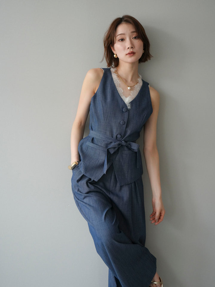 【套裝】蕾絲邊背心和垂褶褲套裝（2 套）