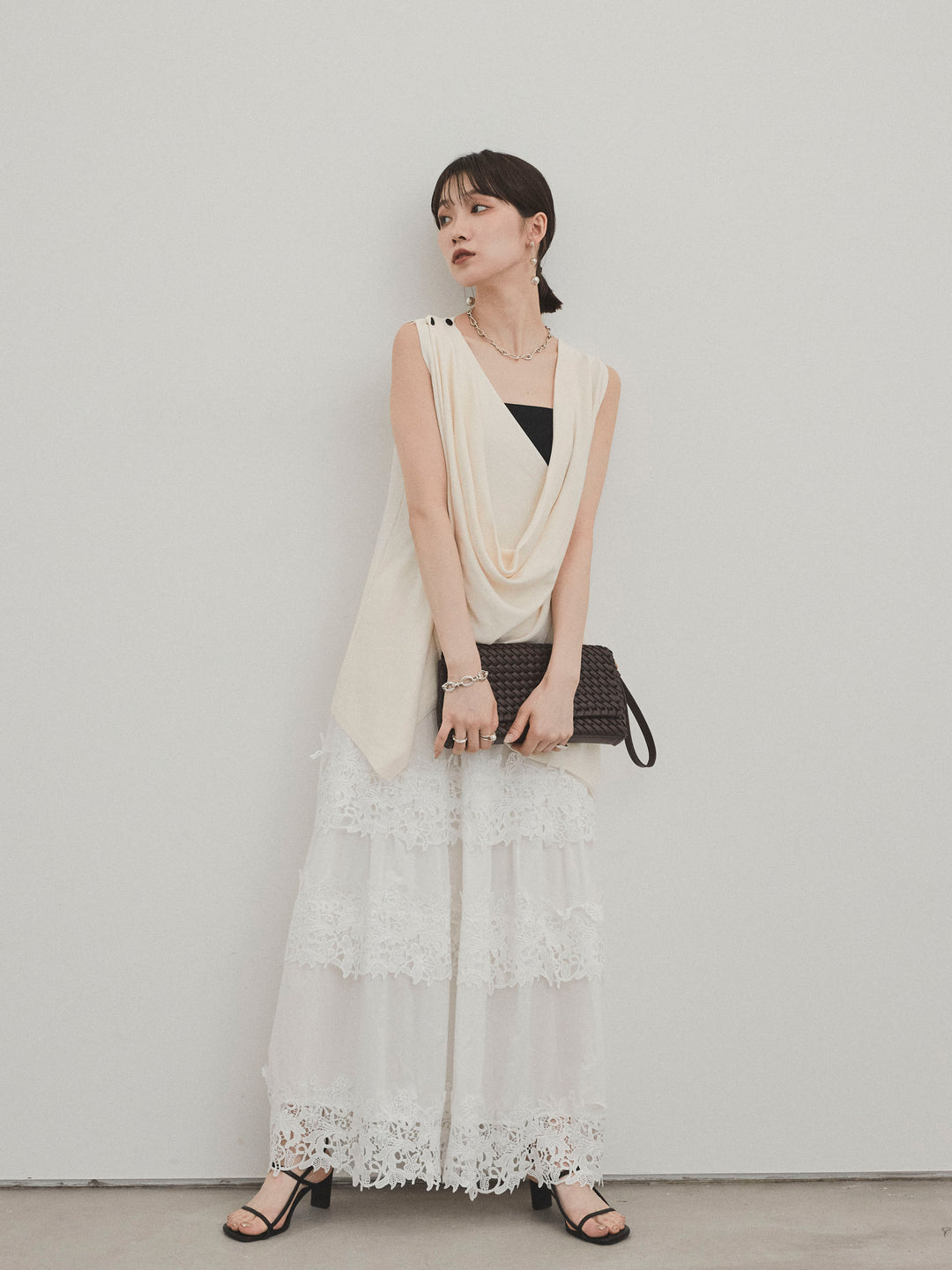 [SET]ドライタッチドレープニットプルオーバー+スカラップレースロングスカート(2set)