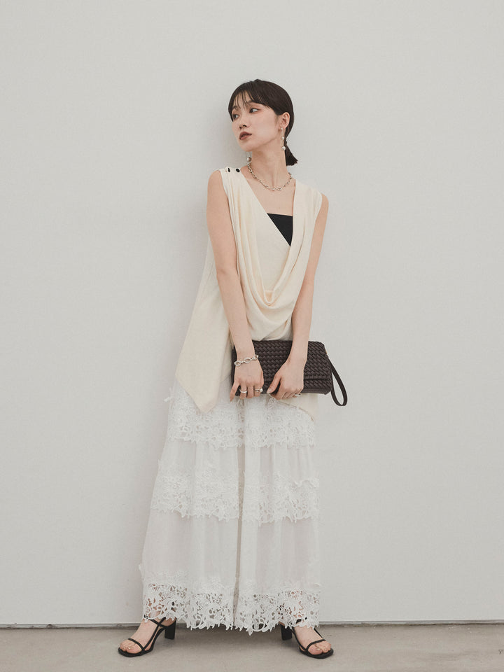 [SET]ドライタッチドレープニットプルオーバー+スカラップレースロングスカート(2set)