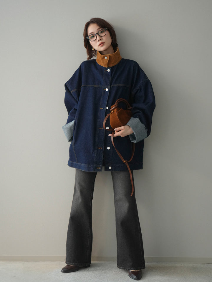 [SET]コーデュロイ×デニムミドルジャケット+フレアデニムパンツ(2set)