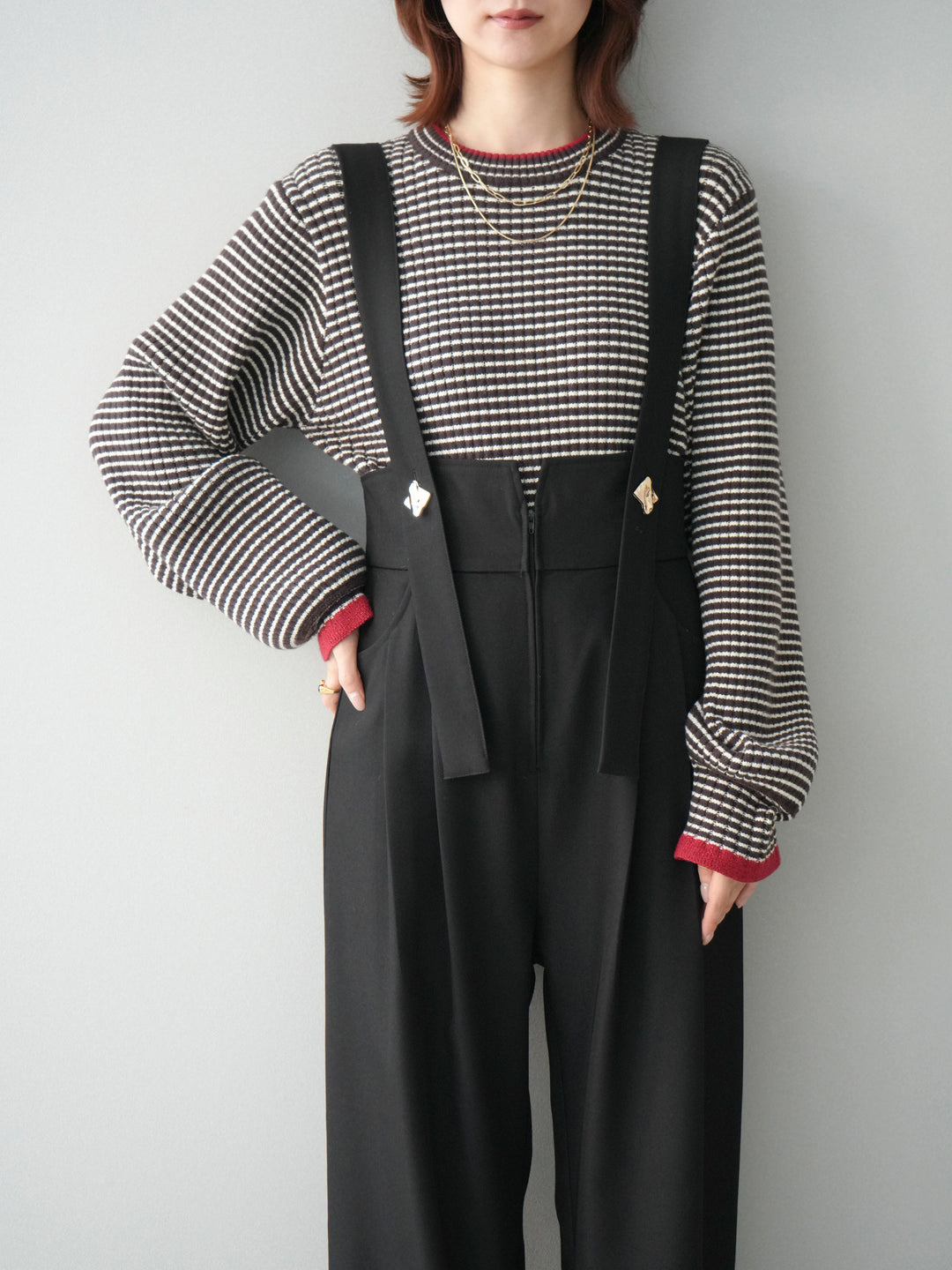 [SET]ラメ異素材ボーダーリブニットプルオーバー+ゴールドボタンサスペンダーワイドパンツ(2set)