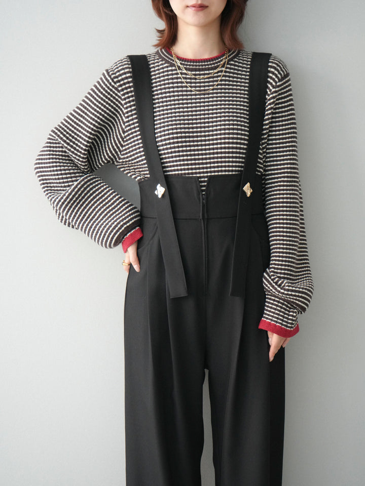[SET]ラメ異素材ボーダーリブニットプルオーバー+ゴールドボタンサスペンダーワイドパンツ(2set)