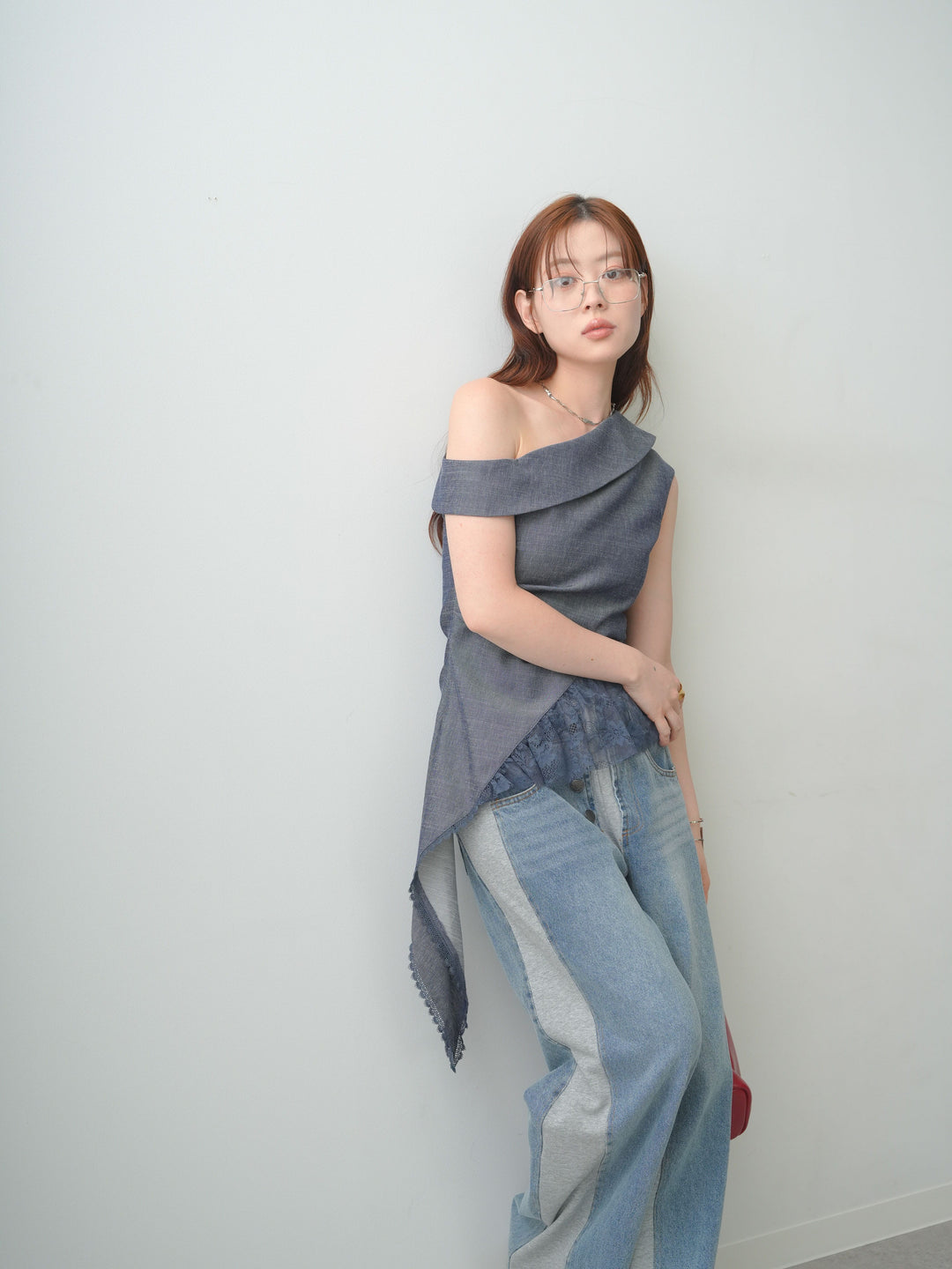 [SET]アシンメトリーラッフルレースヘムトップス+デニム切替スウェットパンツ(2set)