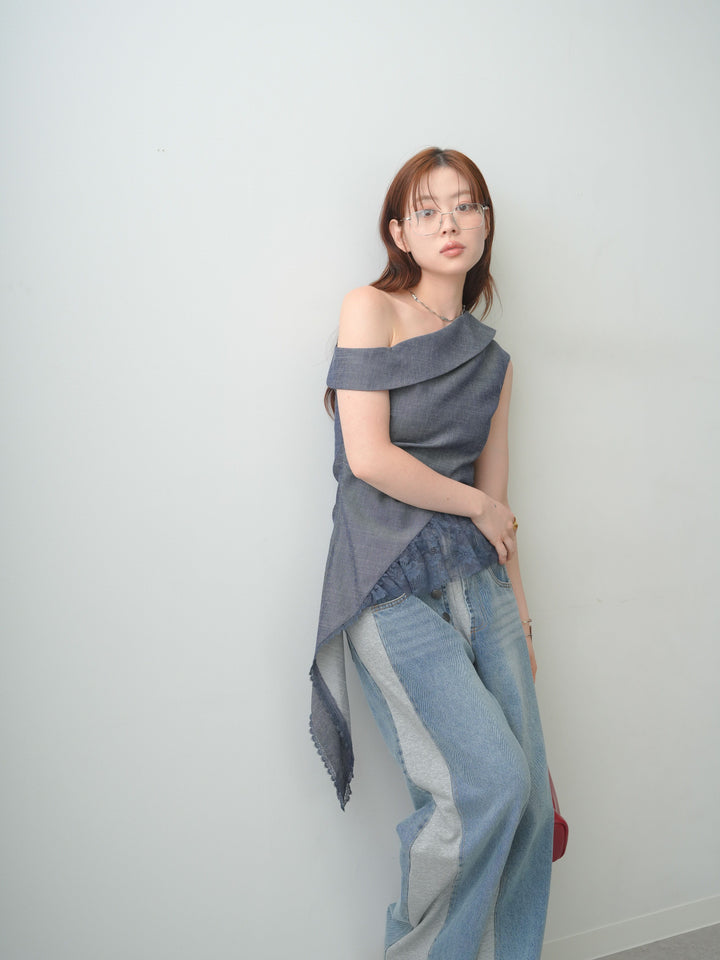 [SET]アシンメトリーラッフルレースヘムトップス+デニム切替スウェットパンツ(2set)
