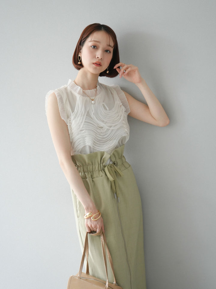 [SET]チュールジャガードノースリブラウス+ヘザーエステルギャザージップスカート(2set)